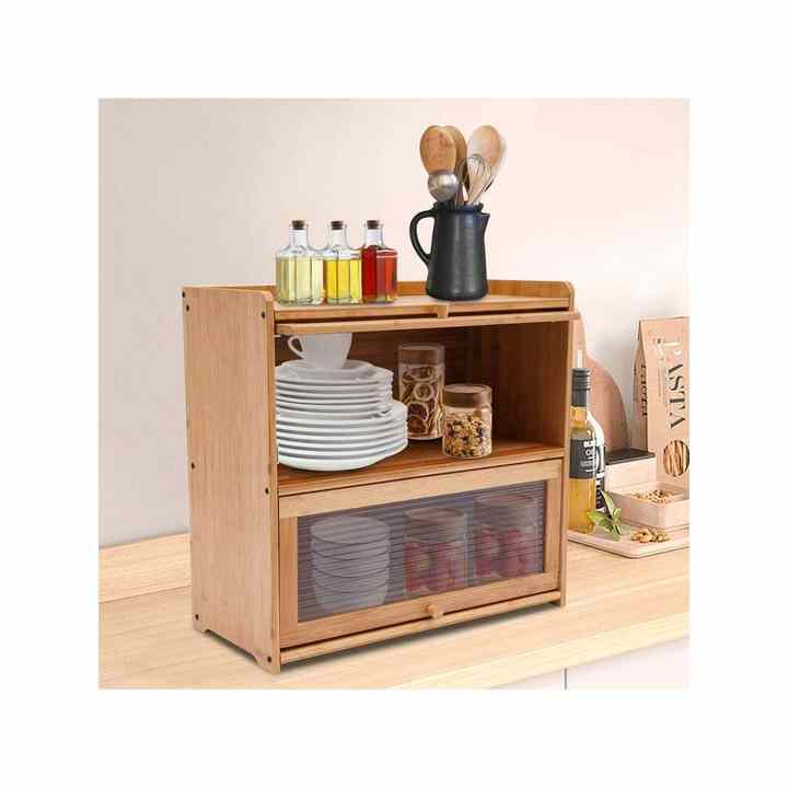 Large 2-Layer Bamboo Storage Cabinet with Multi-Use Kitchen Organizer Doors Tiered Countertop Countertop Organizer