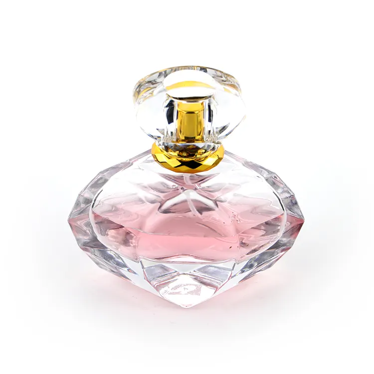 75ml Fancy round jewel-shaped Elegant Empty Clear Glass crimp Perfume Bottle with clear gold ring caps