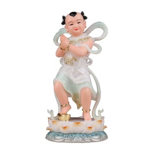 Statues de Bouddha Guanyin Doré de Bonne Fortune avec des acolytes masculins et féminins pour la vénération à domicile - Product Image 5