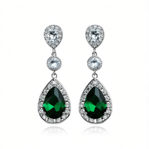 Boucles d'oreilles pendantes classiques pour femme en zircon vert, plaqué rhodium, avec cristaux taille poire sertis clos, bijoux de mode pour soirée - Product Image 1