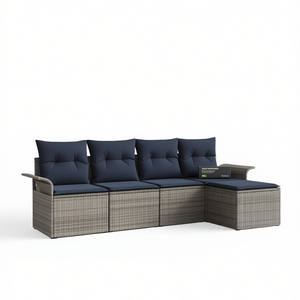 Ensemble de canapés de jardin en polyrotin 5 places gris, mobilier d'extérieur avec coussins, design contemporain - Product Image 1