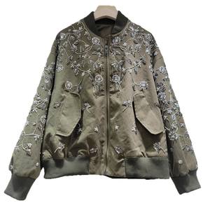 Z2150-2025 automne femmes marron veste col montant tissé perlé fleur fermeture éclair université veste femmes lâche décontracté - Product Image 5