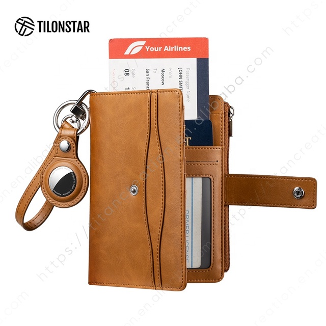TILONSTAR TPW116 New for AirTag Holder and Keychain Key Ring Design RFID Blocking Leather Passport Holder with Wristlet Lanyard