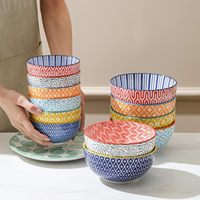 Juego de Tazones de Cerámica de 6 Pulgadas con Diseño Personalizado y Patrón Colorido, Tazón Profundo para Servir Sopa