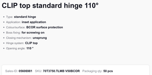 70t3550.tlmb blu m कैबिनेट साधारण दरवाजा निकल गया bcor कोई वसंत नहीं है टिप-ऑन क्लिप शीर्ष मानक हिंज 110 डिग्री - Product Image 6