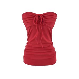 <b>Women</b> Vintage Breathable Eco-Friendly Knitted Tank <b>Top</b> Casual Short Length Plain Color Ruched <b>Mesh</b> Hardware Front Logo Placement - Product Image 6