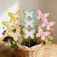 Décoration de jardin en forme de papillon à 3 couches, pot de fleurs, piquet à fleurs, motif à carreaux scintillant, décoration de jardin printanière, piquet pour plantes, jaune pastel, vert, rose