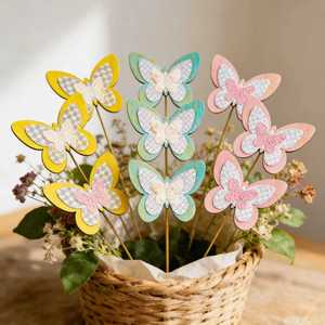 Estaca Decorativa de Jardín con Diseño de Mariposa de 3 Capas, Maceta con Purpurina a Cuadros, Decoración de Jardín de Primavera, Estaca <span class=keywords><strong>para</strong></span> Plantas en Tonos Pastel Amarillo, Verde y Rosa - Product Image 2