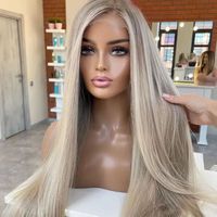 Peluca de Cabello Humano Liso Ombre Rubio Ceniza con Encaje Frontal 13x4, Sin Pegamento, Línea de Cabello Natural Pre-Arrancada, Cabello Virgen para Mujer