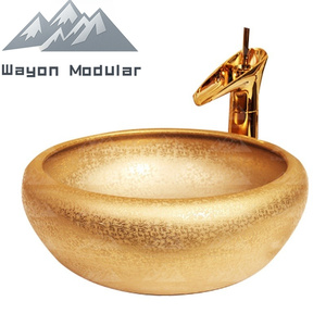 <span class=keywords><strong>Lavabo</strong></span> rond en céramique plaqué or de luxe moderne et tendance haute qualité Wayon pour salles de bain - Product Image 1