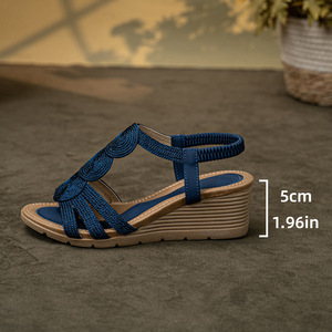 Blue Textile Wedge Sandals <b>Open</b> <b>Toe</b> Slip-On Mid <b>Heel</b> Breathable Summer Shoes Elegant Style Rubber Outsole wholesale - Product Image 3