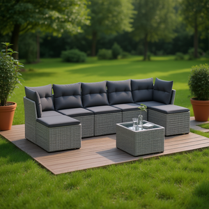 Ensemble de canapés de jardin en rotin gris avec verre trempé, 6 places, mobilier d'extérieur au design contemporain - Product Image 2