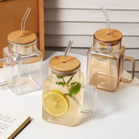 Gobelet à café en verre borosilicate de haute qualité, carré, 620 ml, avec paille en verre et couvercle en bambou, vente en gros