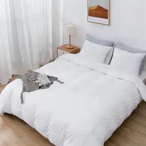 Yatak nevresim 3 parça Set yumuşak gofre şerit yıkanmış beyaz mikrofiber yorgan kapak ile 2 yastık kılıfı