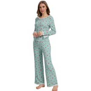 Conjunto de Pijama Floral a Cuadros Verde para Mujer, de Bambú Modal, Manga Larga, con Ribete de Encaje, Ropa de Dormir Suave y Elástica con Bolsillos - Product Image 4