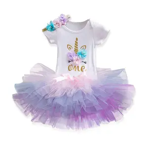 2024 Trending New Arrivals Summer 1 Year Baptism Romper Headband Unicorn Dress For One Year Old BUNS-001