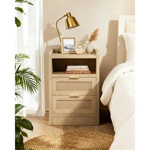 Mesa de Noche de Ratán Faesun con 3 Cajones y Compartimento Oculto, Mesa Auxiliar Boho Moderna con Almacenamiento, Tapa de Madera y Tiradores Metálicos - Product Image 2