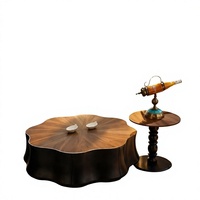 Table Basse de Salon Moderne, Durable et Multifonctionnelle, avec Panneau en Verre Technologique Brillant, Design Pétale Irrégulier, Finition Bois et Roue Métallique, Vente Directe Usine
