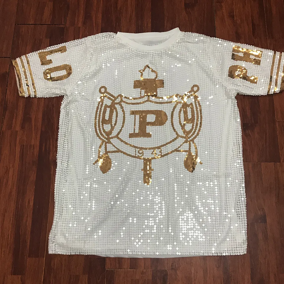 Listo para enviar Sgrho Philo Affiliates Lentejuelas Camiseta larga Fiesta Club griego Oro Blanco Sparkler Jersey Fábrica personalizada