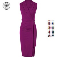 Robe décontractée pour femmes Robe moulante sans manches col en V châle Robes de travail midi avec ceinture pour cocktail fête formelle