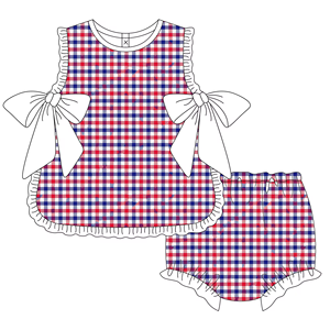 GBO0527 Ensemble de vêtements décontractés pour fillette, style personnalisé sans MOQ, imprimé à carreaux rouge et bleu, sans manches, culotte courte, vente en gros pour enfants - Product Image 1