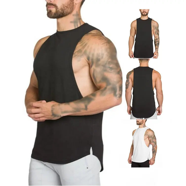 Private Label Sleeveless Shirts Custom Logo Black Ribbed Loose Fit Open Side Low Cut Gym Jogging Tank Tops For Men