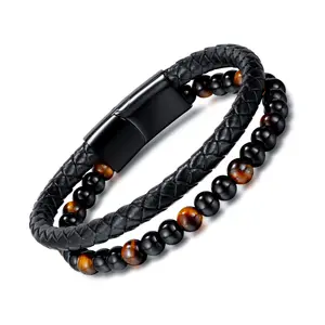 Vente en gros de bracelets en cuir en acier inoxydable bracelets en cuir tressés oeil de tigre pour hommes