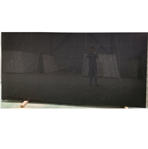 Modern Pure Black Quartz Slab with Elegant Thin Veining Luxury <b>Artificial</b> Marble Slabs for Commercial Projects - Product Image 2