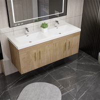 Ensemble de Meubles de Salle de Bain Flottants Modernes Double Vasque Chêne Blanc Meuble-Lavabo Suspendu en Bois Massif