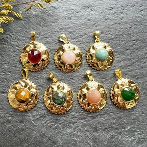 2022 Desain Baru Bunga Matahari Lapis Emas Bulat Pesona Perhiasan Fashion Pave CZ Kristal Ruby Jade Rose Quartz Liontin Kalung DIY