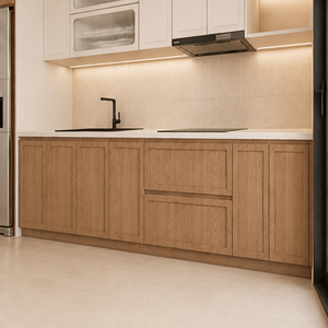 VCCUCINE-WOSR003 Armoire de <span class=keywords><strong>cuisine</strong></span> encastrée minimaliste en mélamine à grain de bois chêne chaud <span class=keywords><strong>et</strong></span> blanc crème, style Shaker, Foshan - Product Image 4