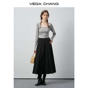 Vega Chang Groothandel Van Hoge Kwaliteit Lente Zwarte Geplooide <span class=keywords><strong>Midi</strong></span> Rok Met Riem Taille En Chique Silhouet - Product Image 2