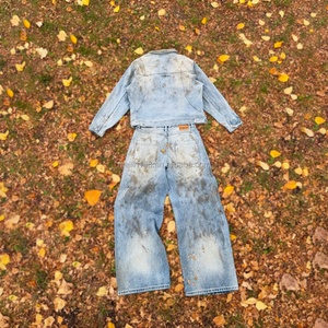 Clothing Custom High Quality Denim Jacket and Jeans <b>Pants</b> 2 Piece Set Hand Painted Vintage Wash Distressed Jeans Denim Set Men - Product Image 2