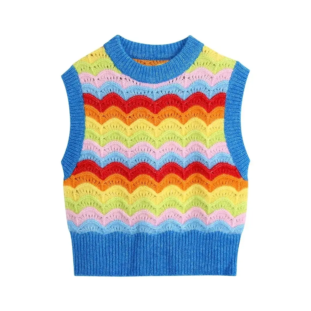 2023 OEM custom spring crochet color wavy scalloped pattern round neck cropped top knitted vest women sweater