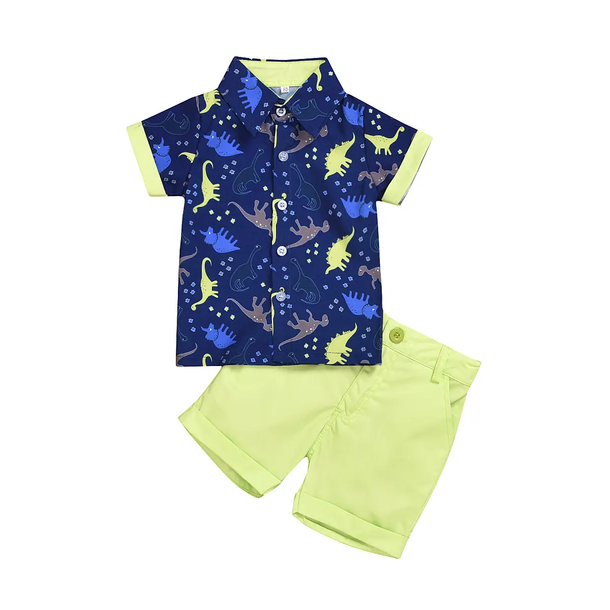 Children's suit blue printed small dinosaur short -sleeved shirt suit shorts children's fashion two -piece set