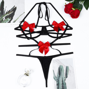 Hot Sell Bowknot Decor Hollow Out Solid Color Lingerie <b>Set</b> <b>Sexy</b> Bandage Mature One Piece <b>Bra</b> and Panty <b>Set</b> - Product Image 6