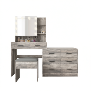 Moderno tocador de maquillaje gris con espejo LED, cajones y estantes de almacenamiento para dormitorio - Product Image 1
