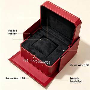 Estuche de reloj rojo premium, juego completo, con cojín de terciopelo suave, embalaje individual para reloj con bolsa de papel a juego y folleto para tienda minorista. - Product Image 3