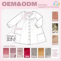 Robe midi tissée pour fillettes, col rond, patte de boutonnage avant, poches fonctionnelles, manches longues bouffantes, coupe décontractée