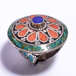 Bagues en pierres précieuses lapis corail turquoise naturel vente en gros en vrac bijoux fins fournisseurs tibétains de bijoux en argent - Product Image 4