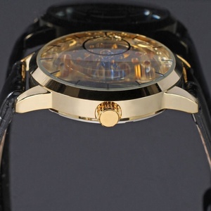 Luxury Vintage <b>Skeleton</b> Mechanical <b>Watch</b> for Men Gold Open Work Dial Black Leather Strap Mechanical Wristwatch - Product Image 5