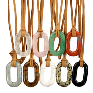 Collar con Colgante Ovalado Geométrico de Ágata Natural al por Mayor, Cordón de Cuero Multicolor, Joyería Boho Unisex, Regalo para Fiestas - Product Image 5
