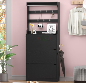 Meuble à chaussures fin avec 3 tiroirs basculants et porte-vêtements, organisateur de rangement 2-en-1 pour chaussures, idéal pour entrée, couloir, salon - Product Image 5