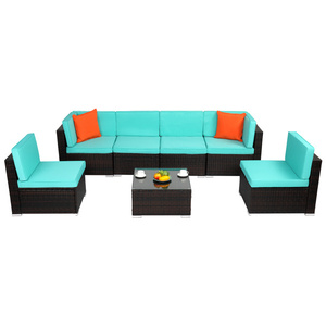 Juego de 7 piezas de ratán degradado marrón DB Cojín azul lago Muebles de patio envasados al vacío - Product Image 3