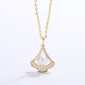 Copper Gold Plated Fan Skirt Shape CZ Shell Pearl Pendant <b>Necklace</b> Elegant Luxury <b>Statement</b> Jewelry for Women - Product Image 2