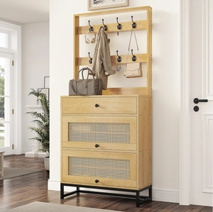 15 Pair Shoe Storage Cabinet with <strong>Hall</strong> Tree Rattan Door - Product Image 2