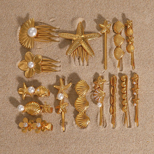 H1553 18k Plaqué Or En Acier Inoxydable Perle Pave OCEAN Étoile De Mer Coquillage Pinces À Cheveux 80s 90s Barrettes De Cheveux Décoratives Boddy Pins - Product Image 2