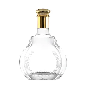 250ml 500ml High Transparent Round Flat Drink Wine Whiskey Honey Olive Oil Glass Bottle With Spirit Stopper