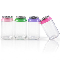 En stock: Envase de plástico transparente reciclado posconsumo para caramelos en mini latas de refresco, con etiquetas.