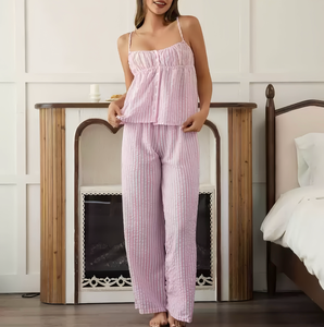 En stock polyester look frais vêtements de <span class=keywords><strong>nuit</strong></span> pour femmes rayures tissées sans manches été printemps vêtements de <span class=keywords><strong>nuit</strong></span> coupe ample 2 pièces ensemble de salon - Product Image 2